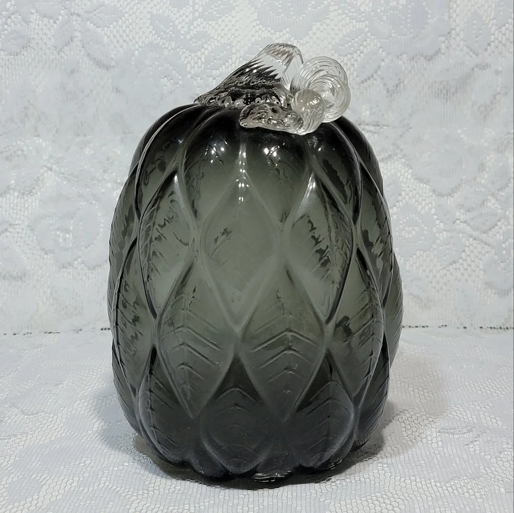 Black Gray Quilted Glass Pumpkin 8.5